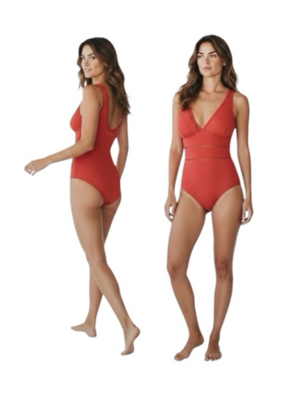 Time and Tru Coral Flame V-Neck Textured One-Piece Swimsuit